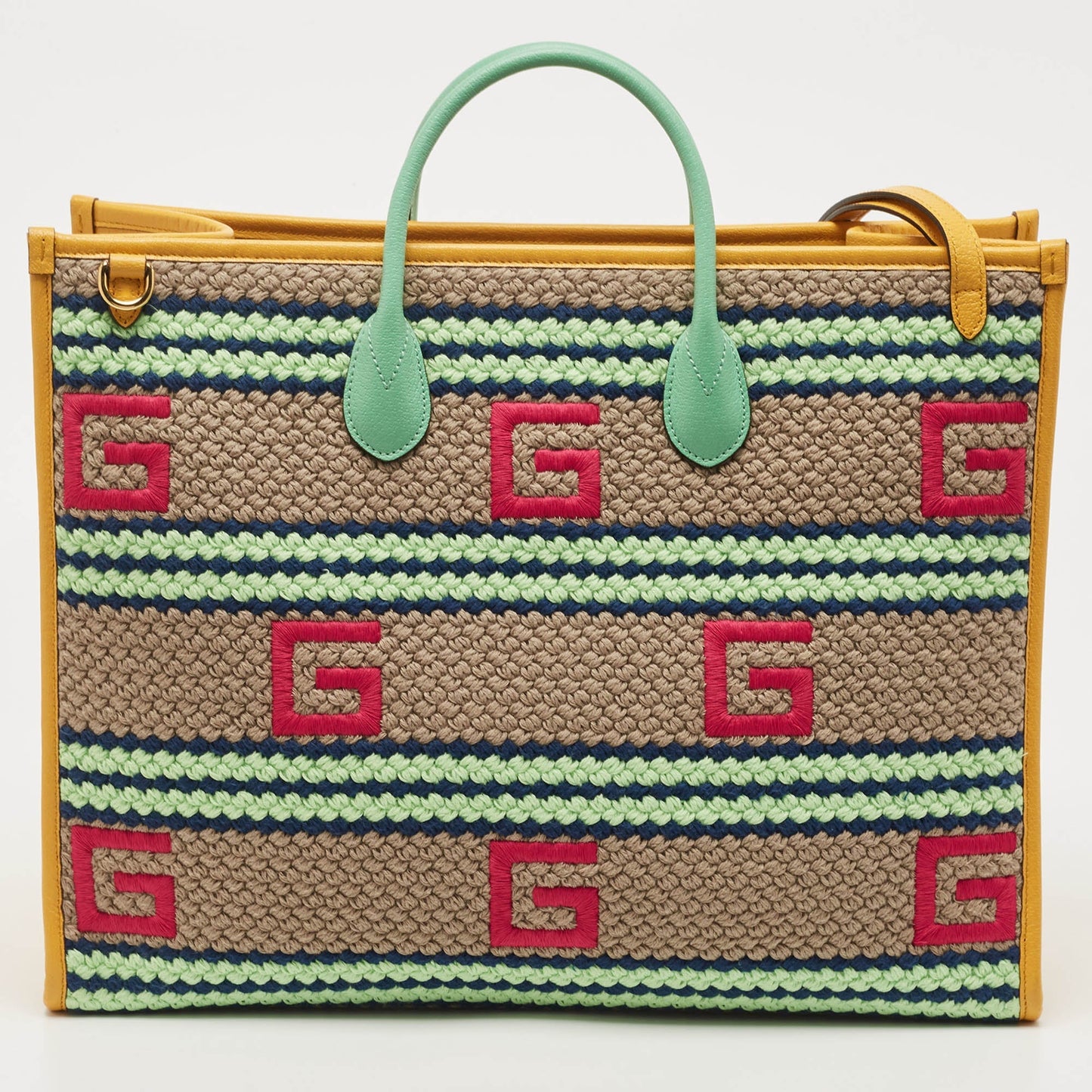 GUCCI Multicolor Woven Fabric and Leather Square G Capri Stripe Tote