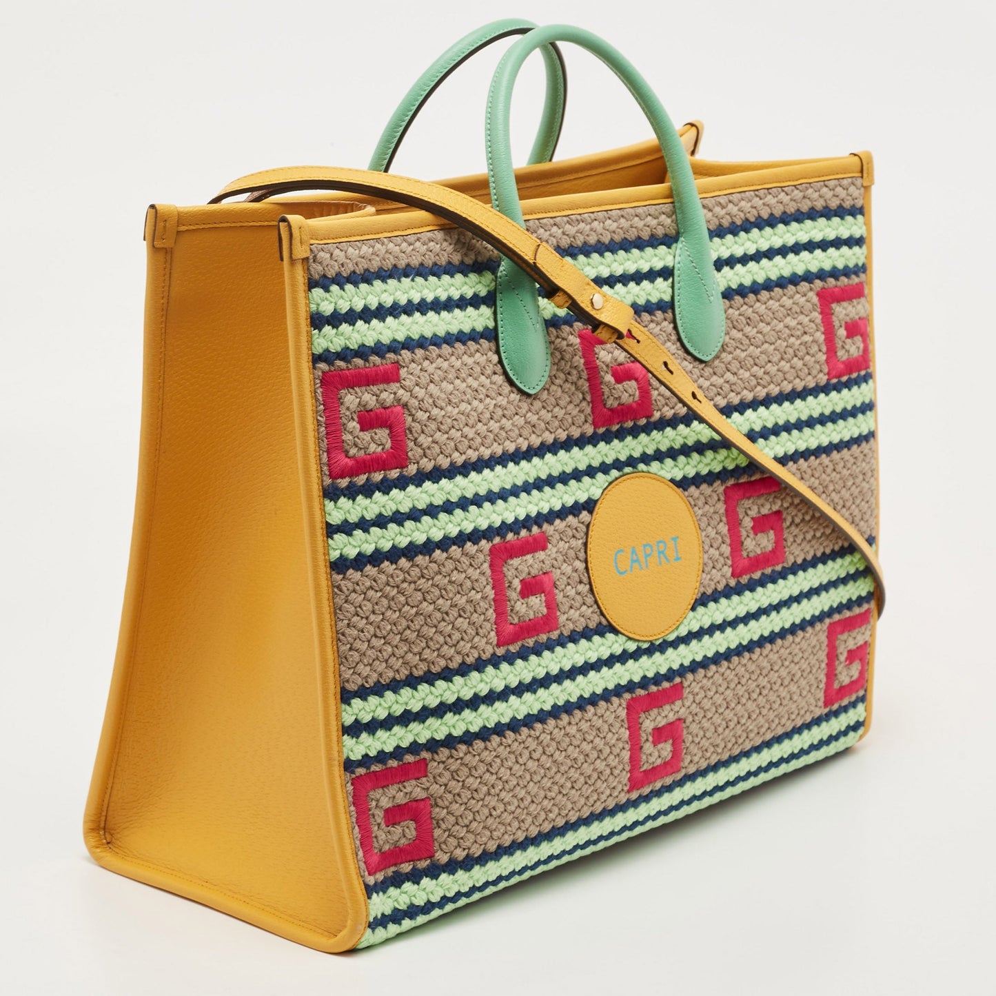 GUCCI Multicolor Woven Fabric and Leather Square G Capri Stripe Tote