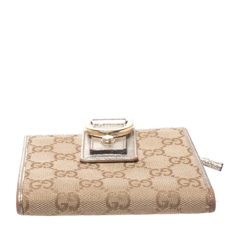 Gucci Beige/Metallic Gold GG Canvas Abbey D Ring Compact Wallet