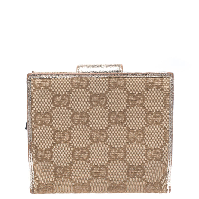 Gucci Beige/Metallic Gold GG Canvas Abbey D Ring Compact Wallet