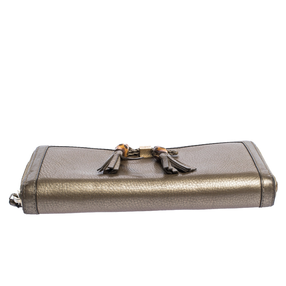 Gucci Gold Leather Bamboo Tassel Bow Zip Around Wallet