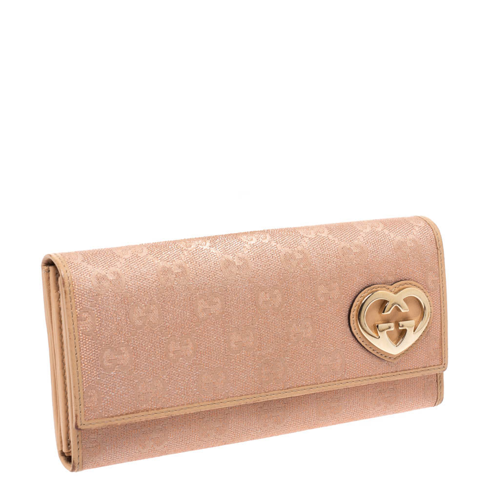 Gucci Beige/Pink Shimmer GG Canvas Lovely Heart Continental Wallet