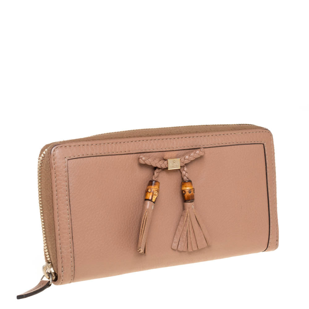 Gucci Beige Leather Bamboo Tassel Bow Zip Around Wallet