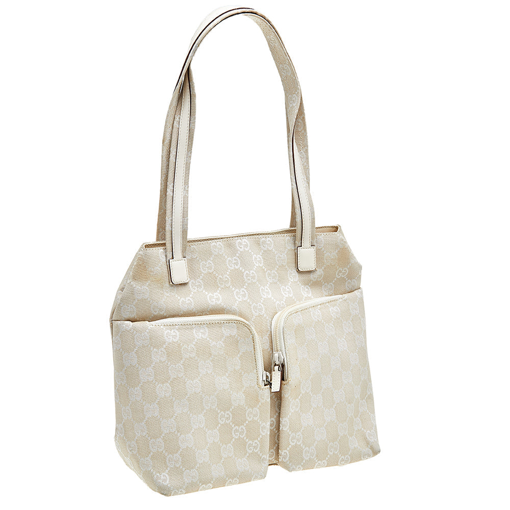 Gucci Off White GG Canvas and Leather Double Pocket Tote