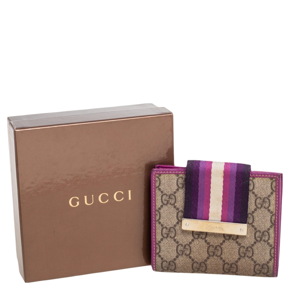 Gucci Purple/Beige GG Canvas and Leather Web Flap French Wallet