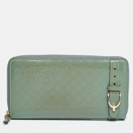 Gucci Green Microguccissima Patent Leather Zip Around Wallet