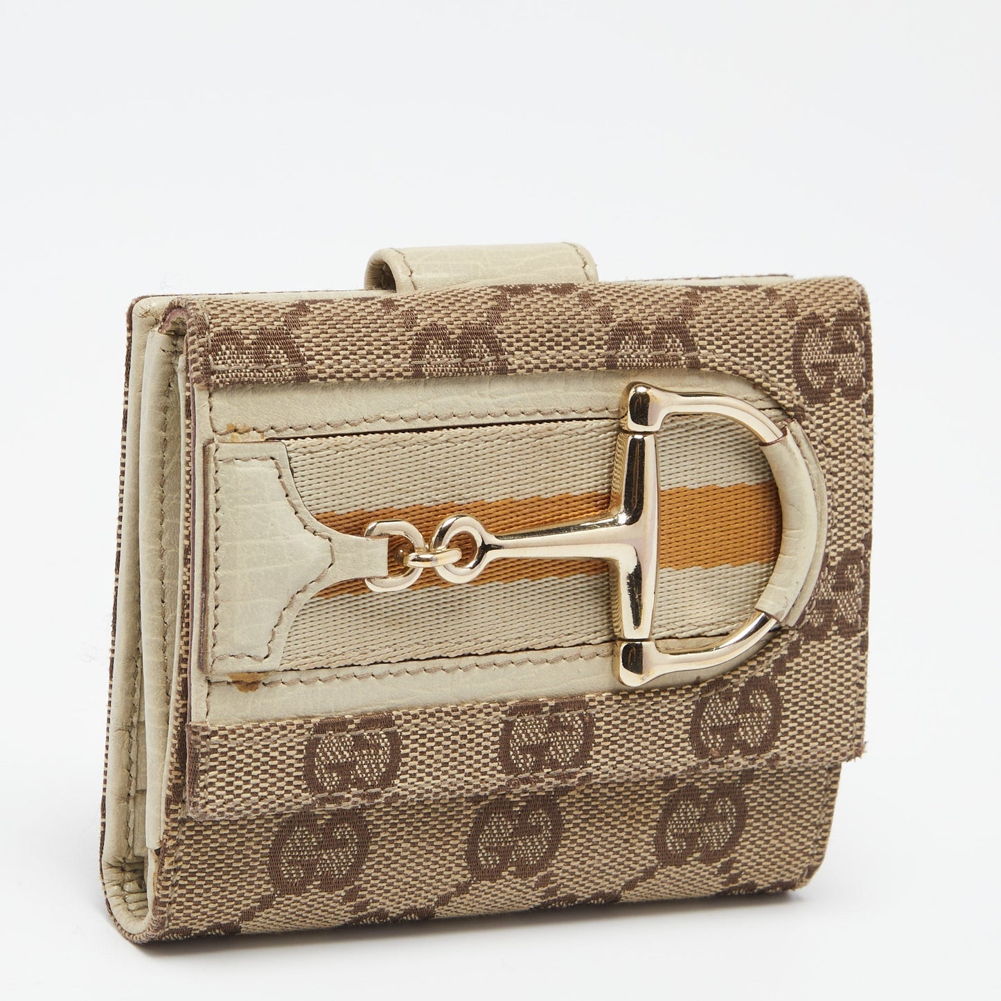 Gucci Beige GG Canvas and Leather Web Horsebit Compact Wallet