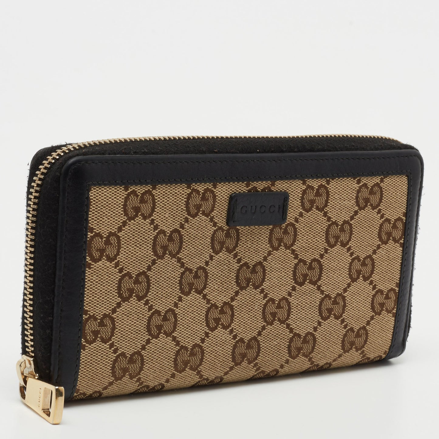 Gucci Beige/Black GG Canvas and Leather Zip Around Continental Wallet