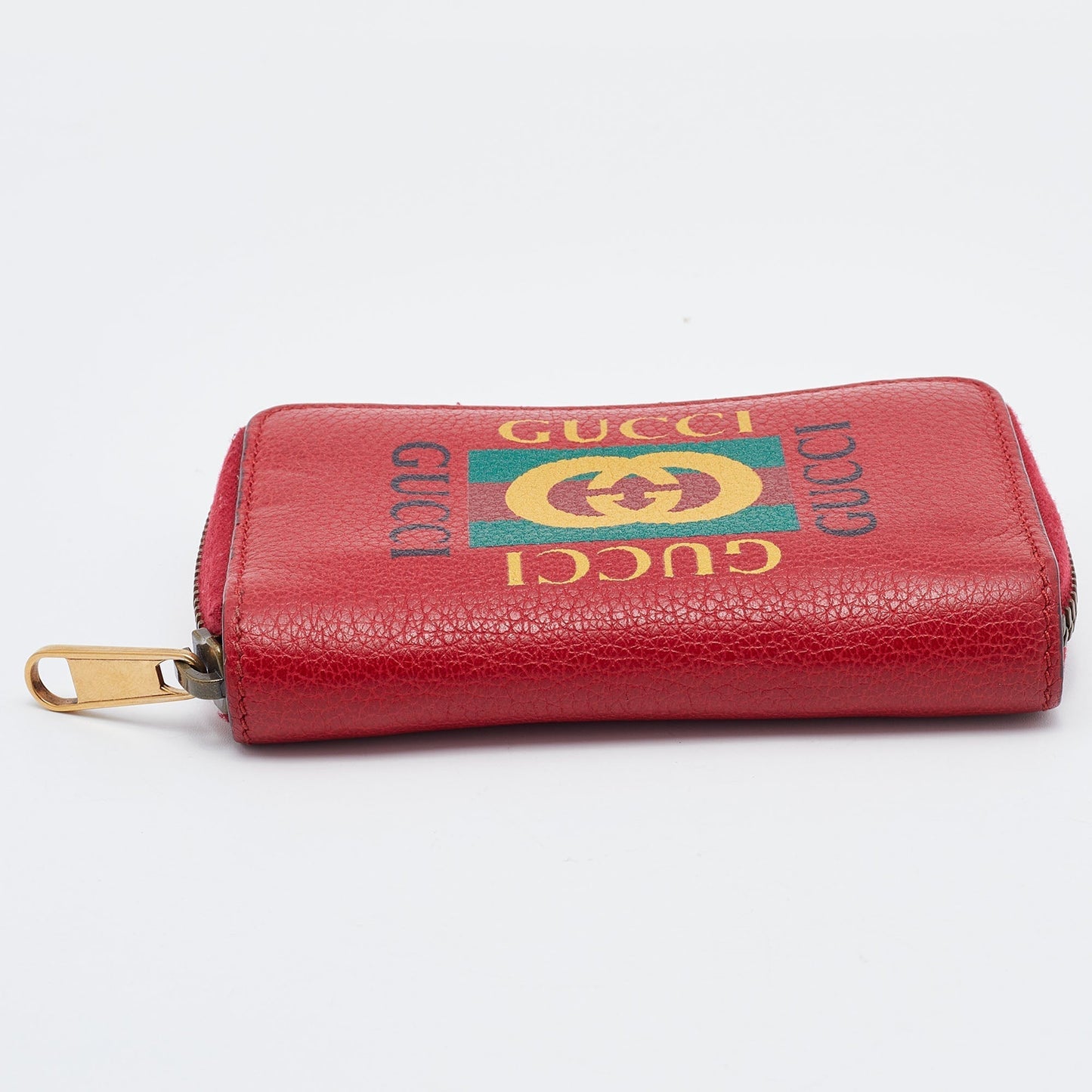 Gucci Red Leather Logo Print Zip Compact Wallet