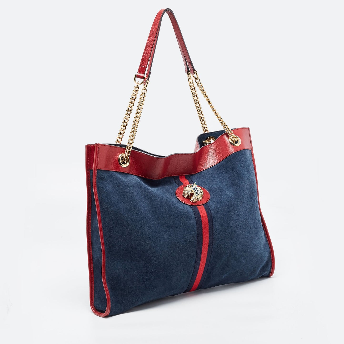 GUCCI Navy Blue/Red Suede And Leather Large Rajah Tote