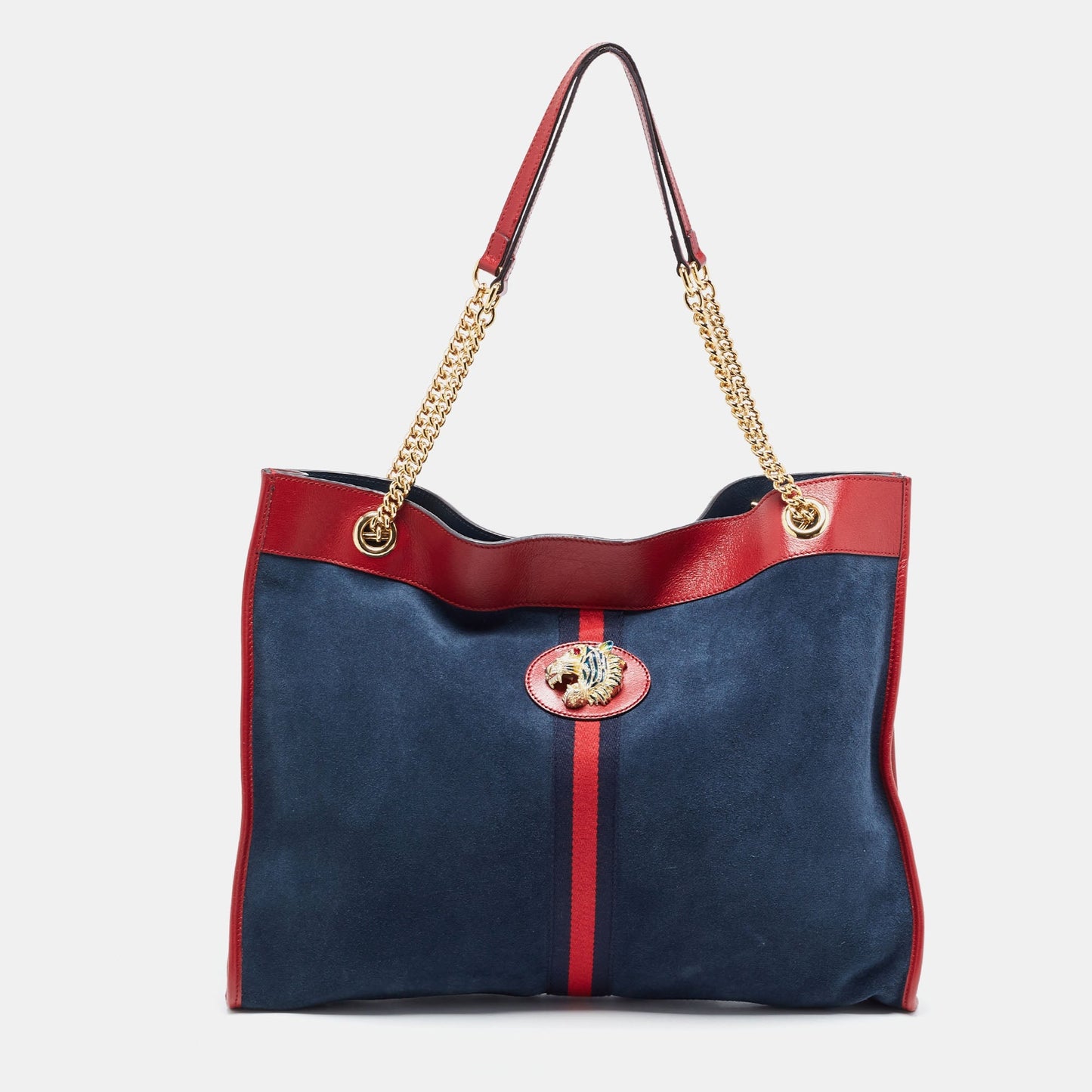 GUCCI Navy Blue/Red Suede And Leather Large Rajah Tote