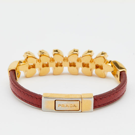 Prada Chic Crystals Red Leather Gold Tone Bracelet S