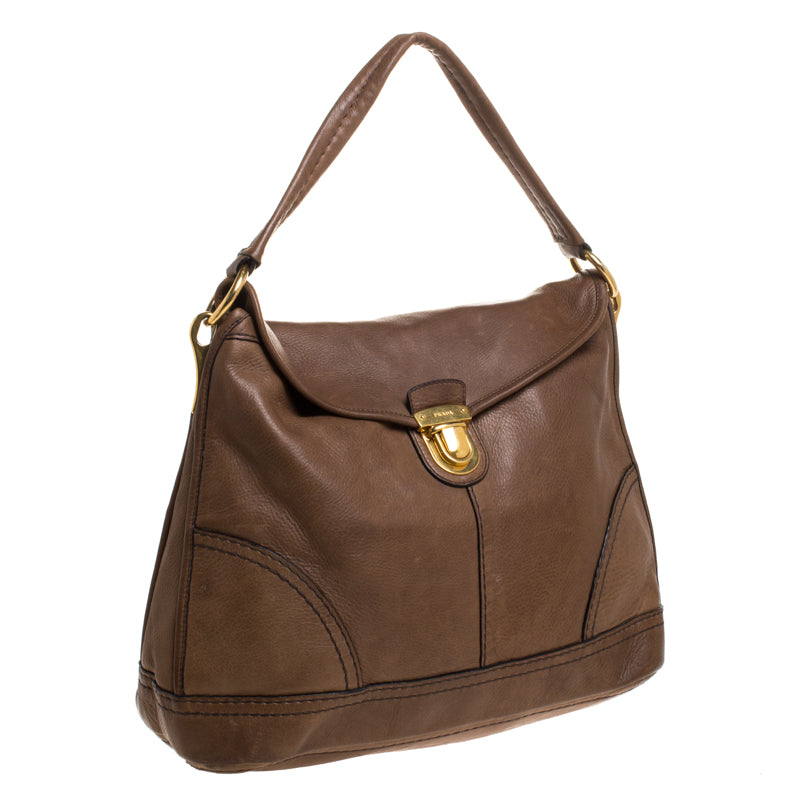 Prada Dark Brown Soft Leather Pushlock Hobo