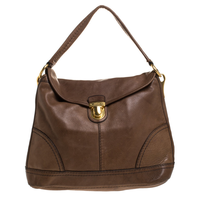 Prada Dark Brown Soft Leather Pushlock Hobo