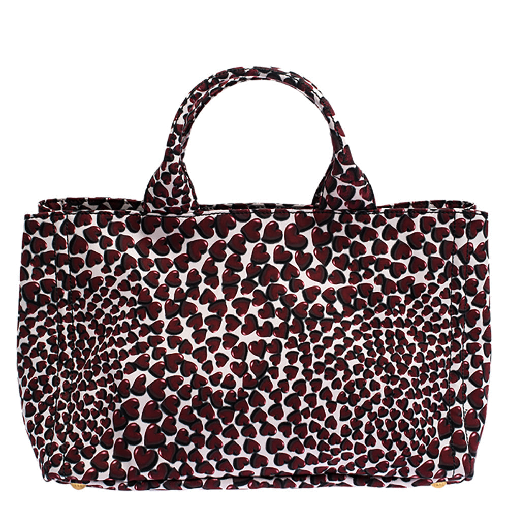 Prada Red Nylon Stampat Heart Print Canapa Tote