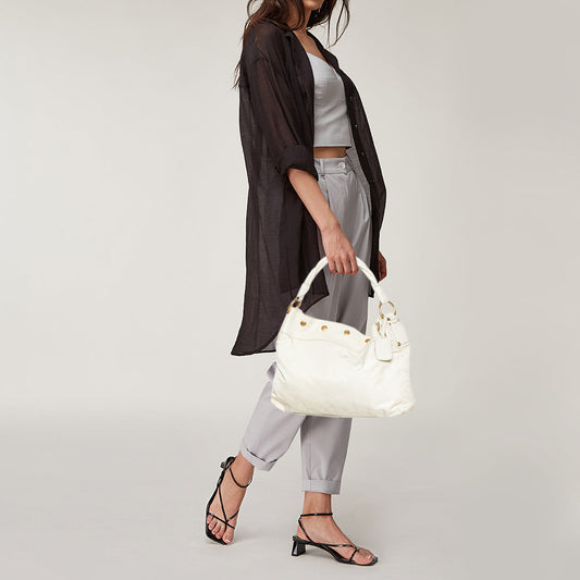 Prada White Nylon and Leather Braided Handle Hobo