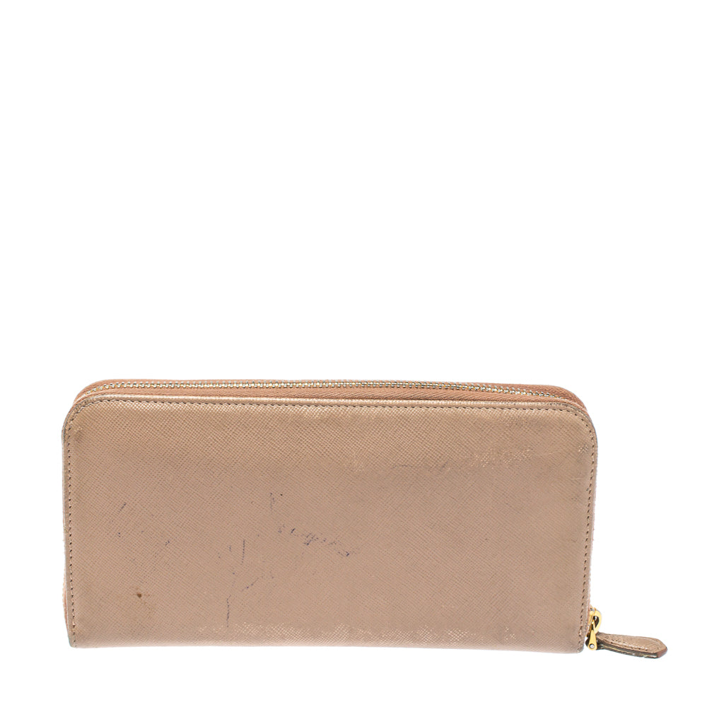 Prada Beige Saffiano Leather Bow Zip Around Wallet