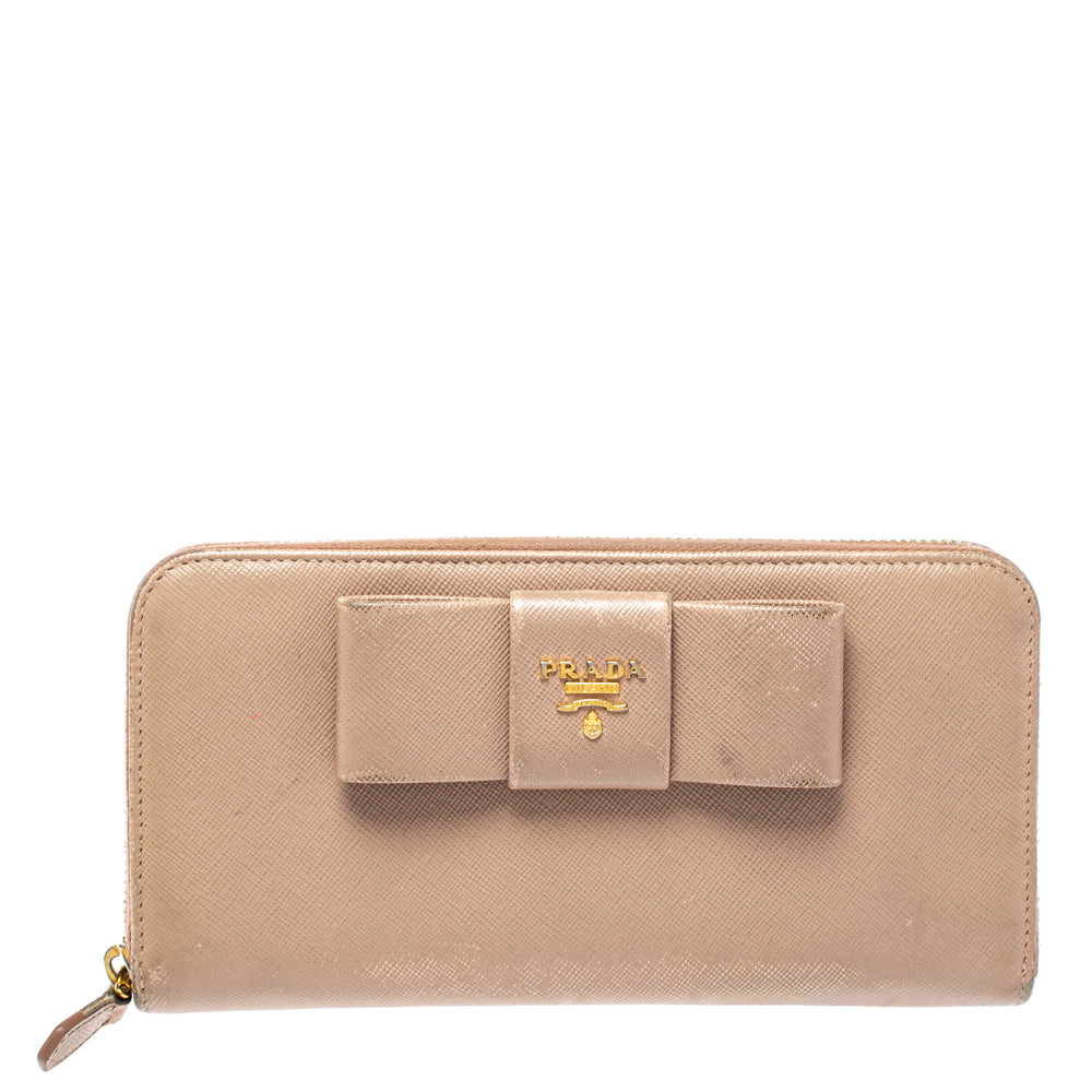 Prada Beige Saffiano Leather Bow Zip Around Wallet