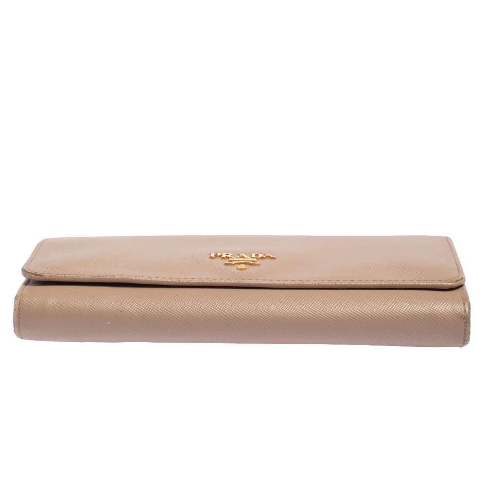 Prada Beige Saffiano Lux Leather Flap Continental Wallet