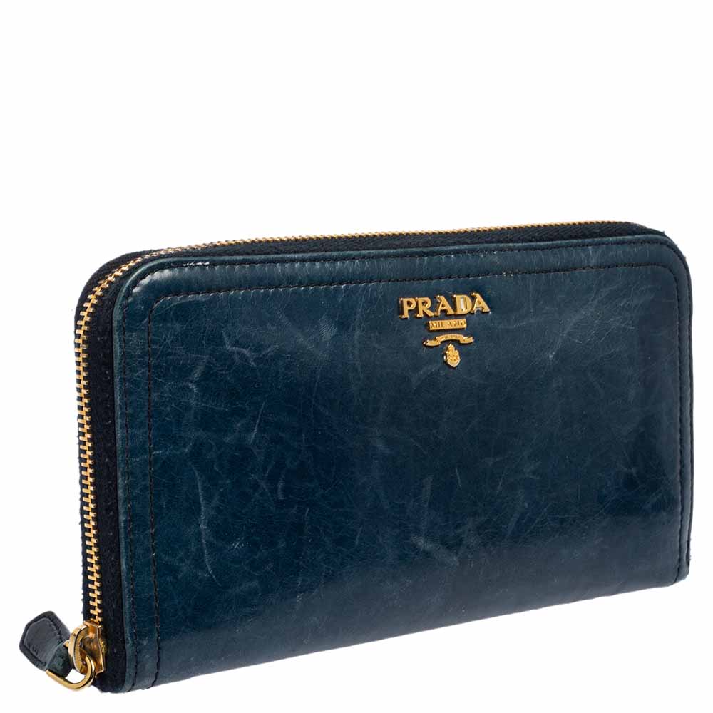 Prada Teal Blue Crinkled Leather Zip Around Continental Wallet