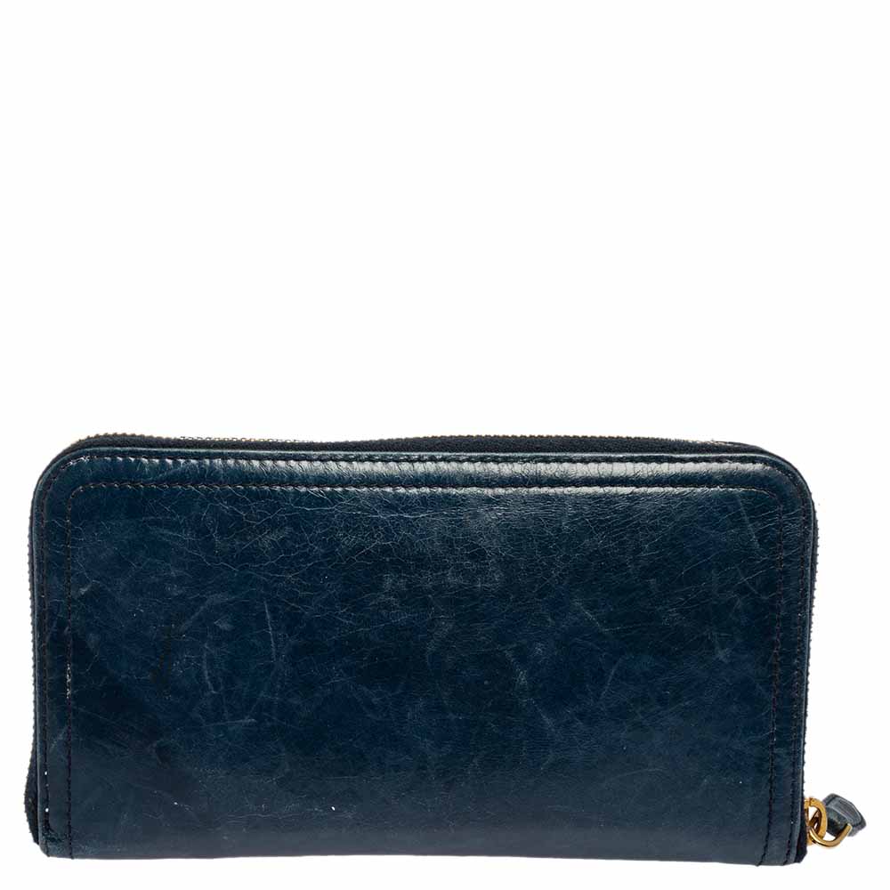 Prada Teal Blue Crinkled Leather Zip Around Continental Wallet