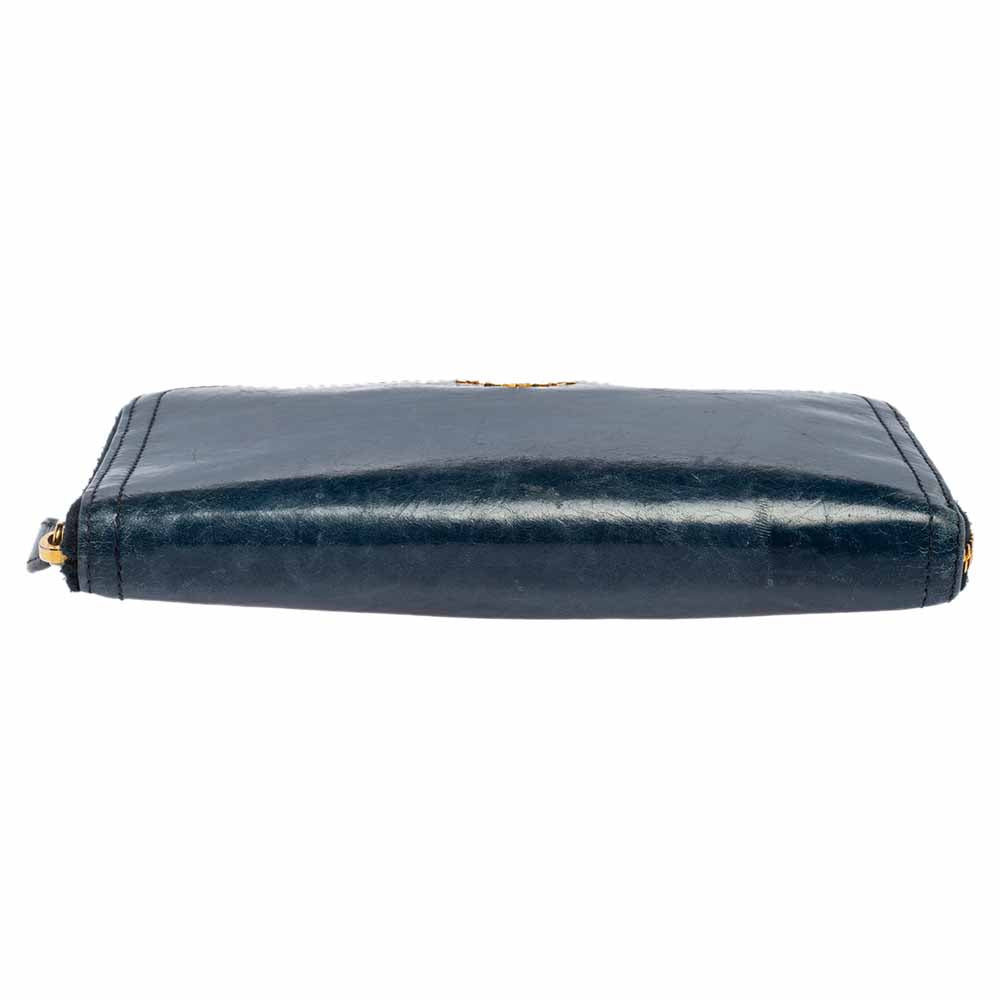 Prada Teal Blue Crinkled Leather Zip Around Continental Wallet