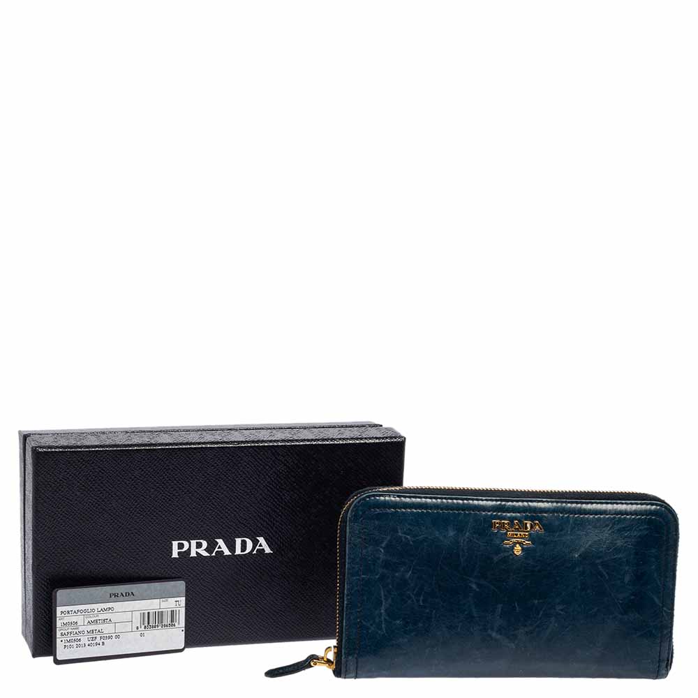 Prada Teal Blue Crinkled Leather Zip Around Continental Wallet