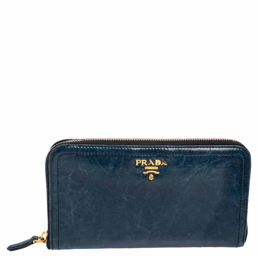 Prada Teal Blue Crinkled Leather Zip Around Continental Wallet