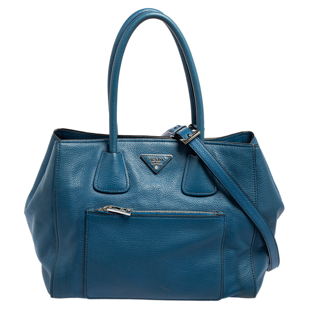 Prada Blue Vitello Daino Leather Front Pocket Wing Tote