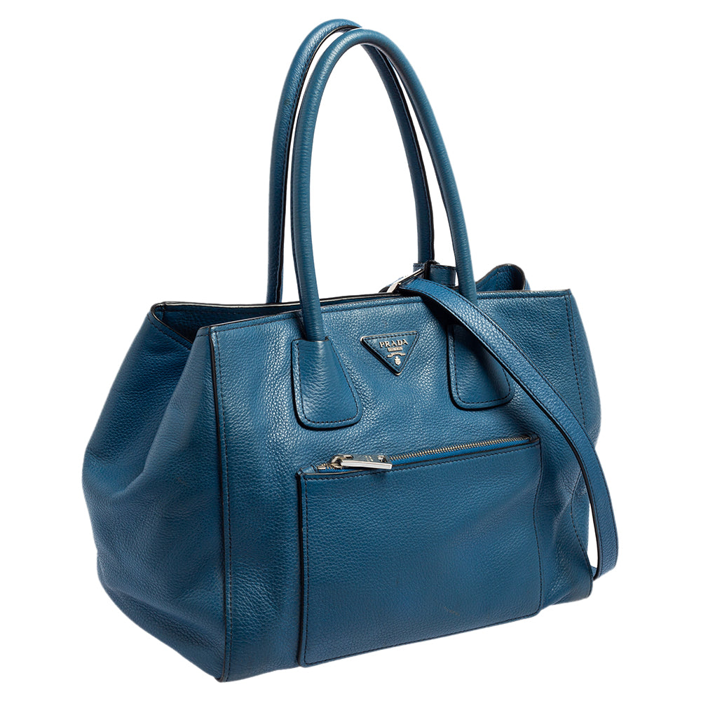 Prada Blue Vitello Daino Leather Front Pocket Wing Tote