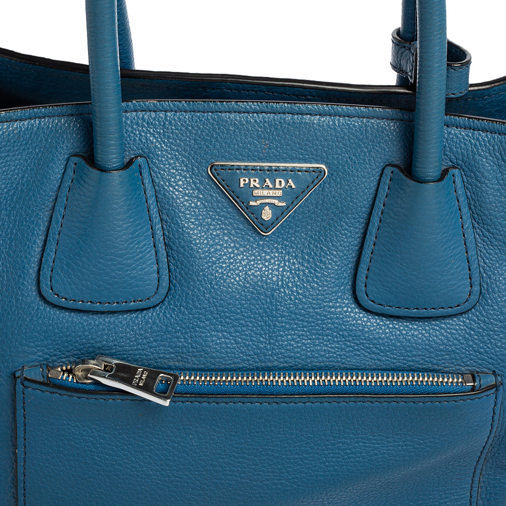 Prada Blue Vitello Daino Leather Front Pocket Wing Tote