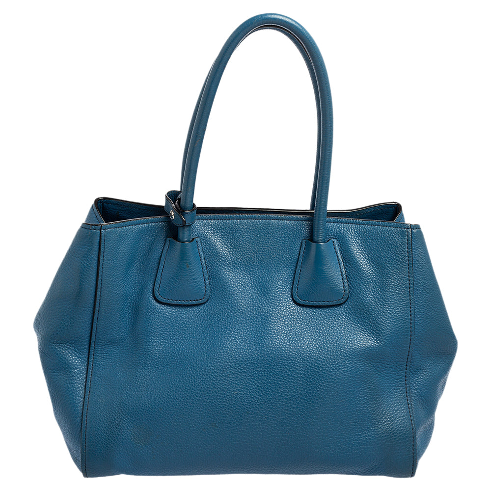 Prada Blue Vitello Daino Leather Front Pocket Wing Tote