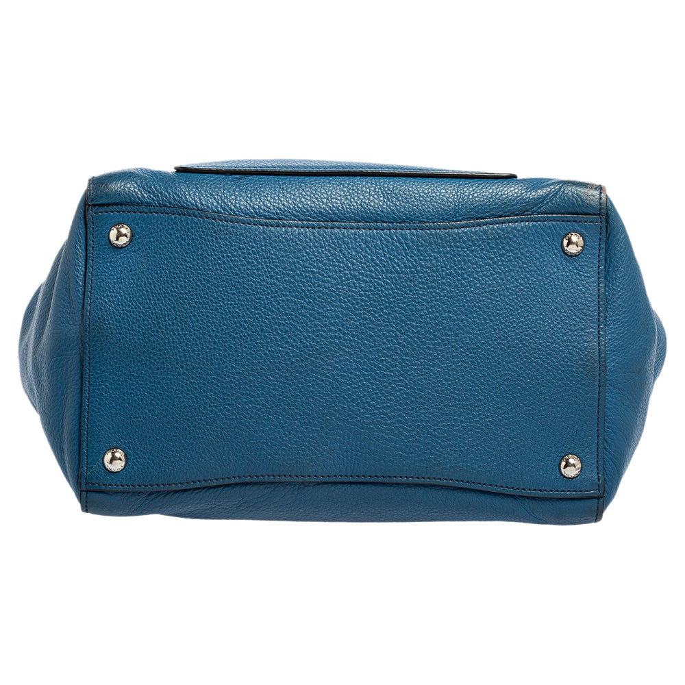 Prada Blue Vitello Daino Leather Front Pocket Wing Tote