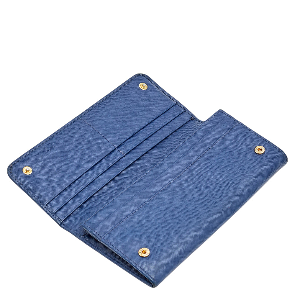 Prada Blue Saffiano Metal Leather Flap Continental Wallet