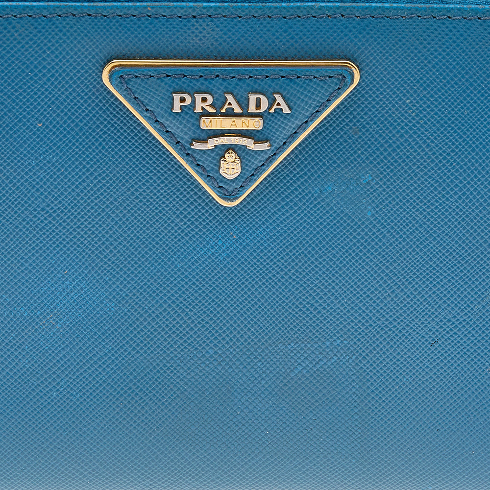 Prada Blue Saffiano Leather Zip Around Wallet