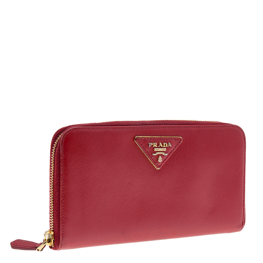 Prada Red Saffiano Leather Zip Around Wallet