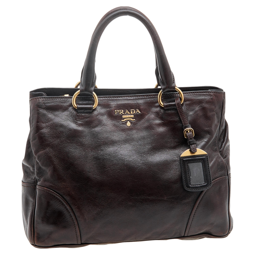 Prada Brown Vitello Shine Leather Zip Tote