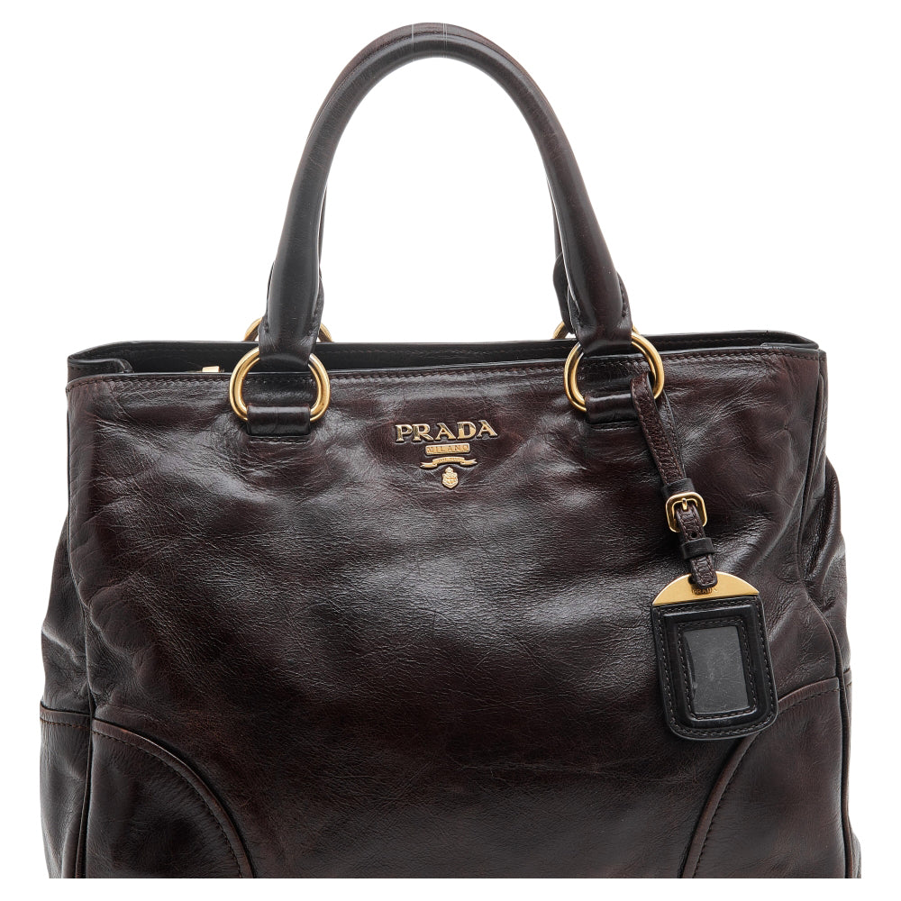 Prada Brown Vitello Shine Leather Zip Tote