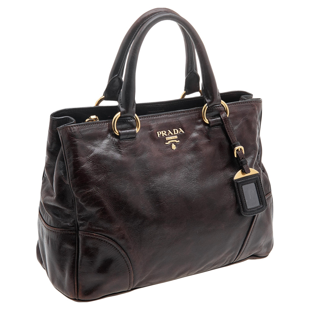 Prada Brown Vitello Shine Leather Zip Tote