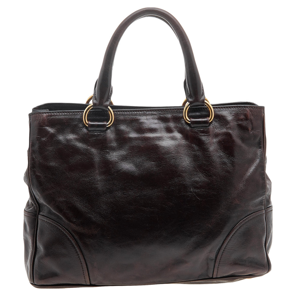 Prada Brown Vitello Shine Leather Zip Tote