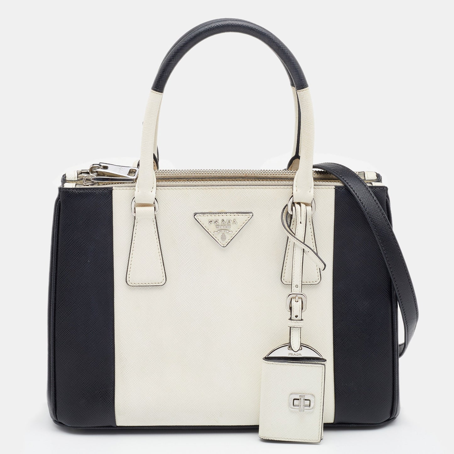 Prada Black/White Saffiano Leather Small Double Zip Tote