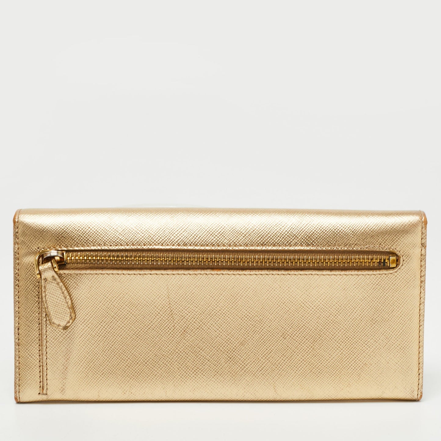 Prada Gold Saffiano Metal Leather Logo Flap Continental Wallet