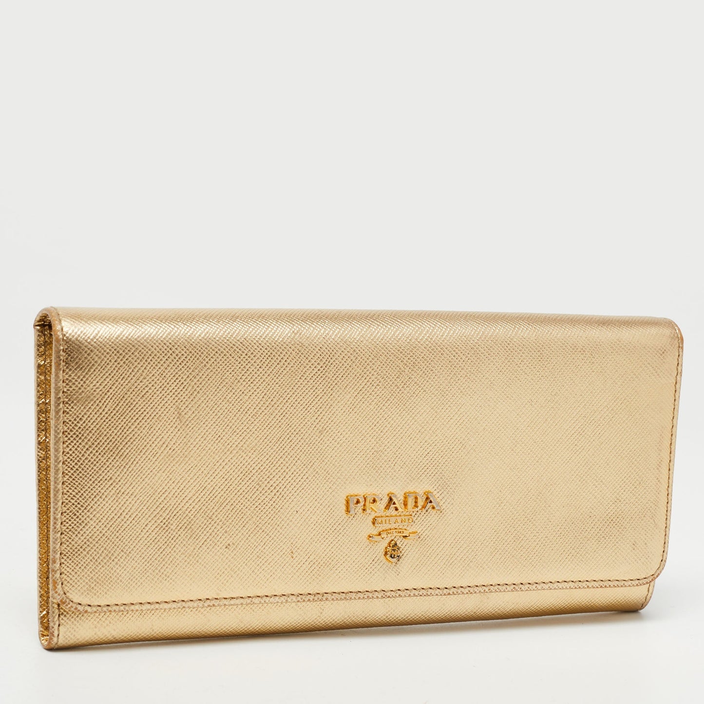 Prada Gold Saffiano Metal Leather Logo Flap Continental Wallet