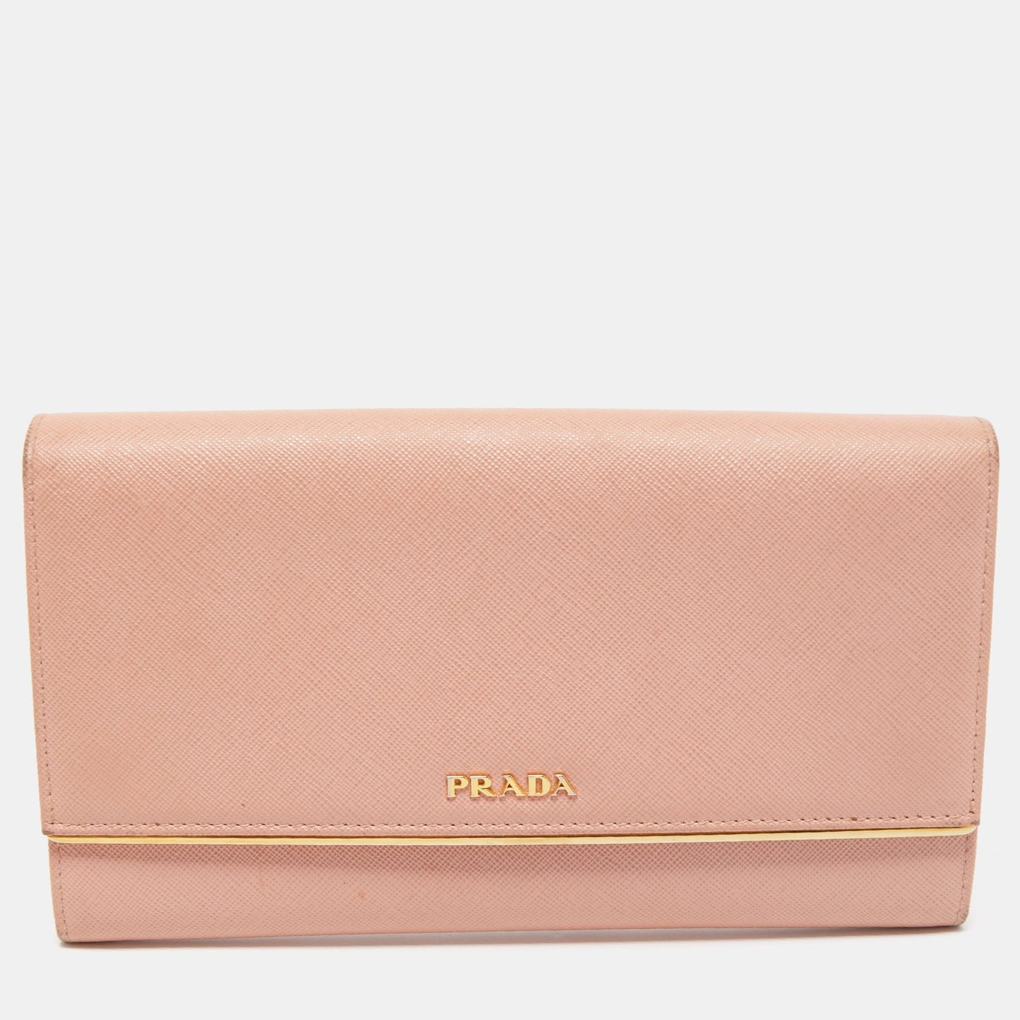 PRADA Pink Saffiano Lux Leather Metal Bar Flap Continental Wallet