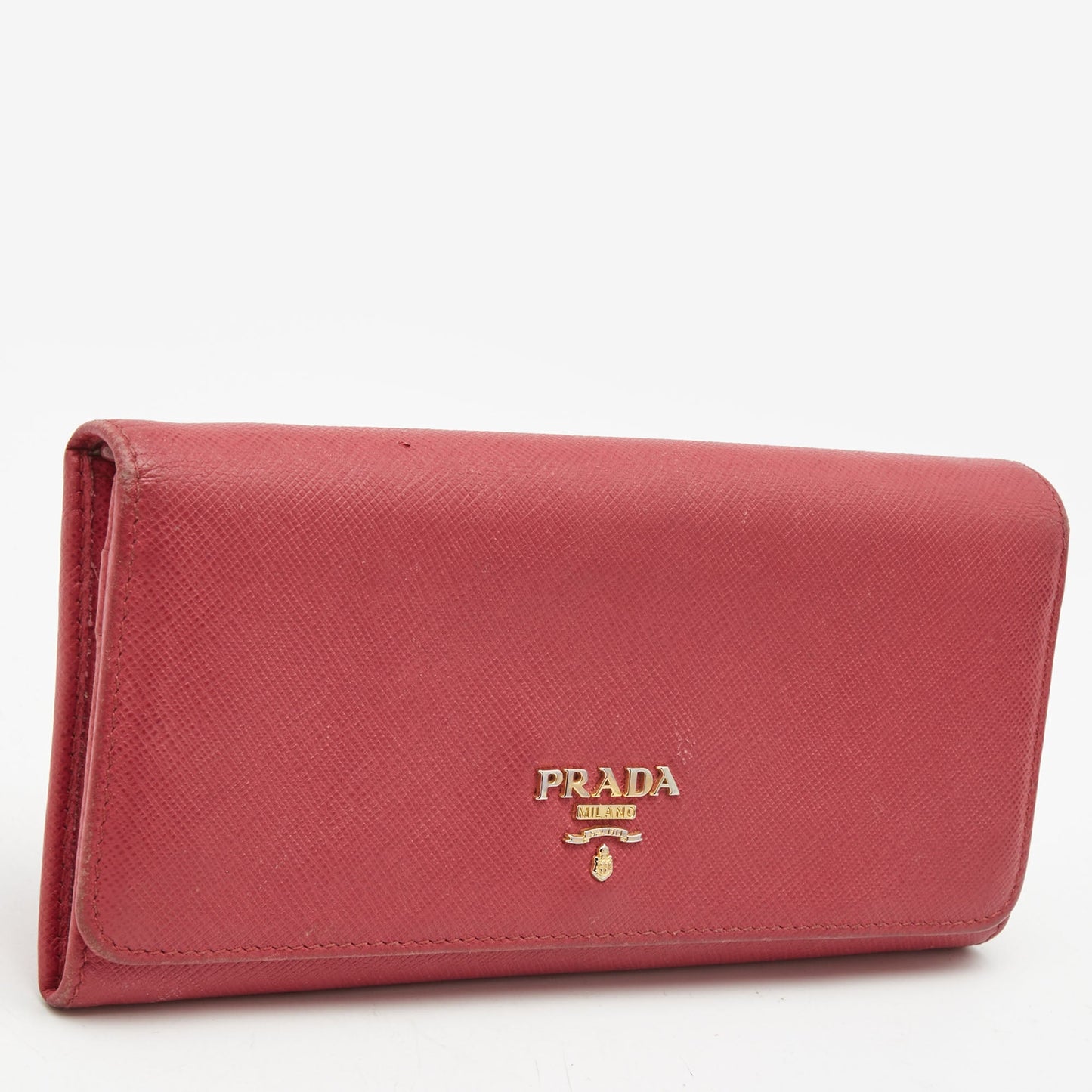 PRADA Dark Pink Saffiano Metal Leather Logo Flap Continental Wallet