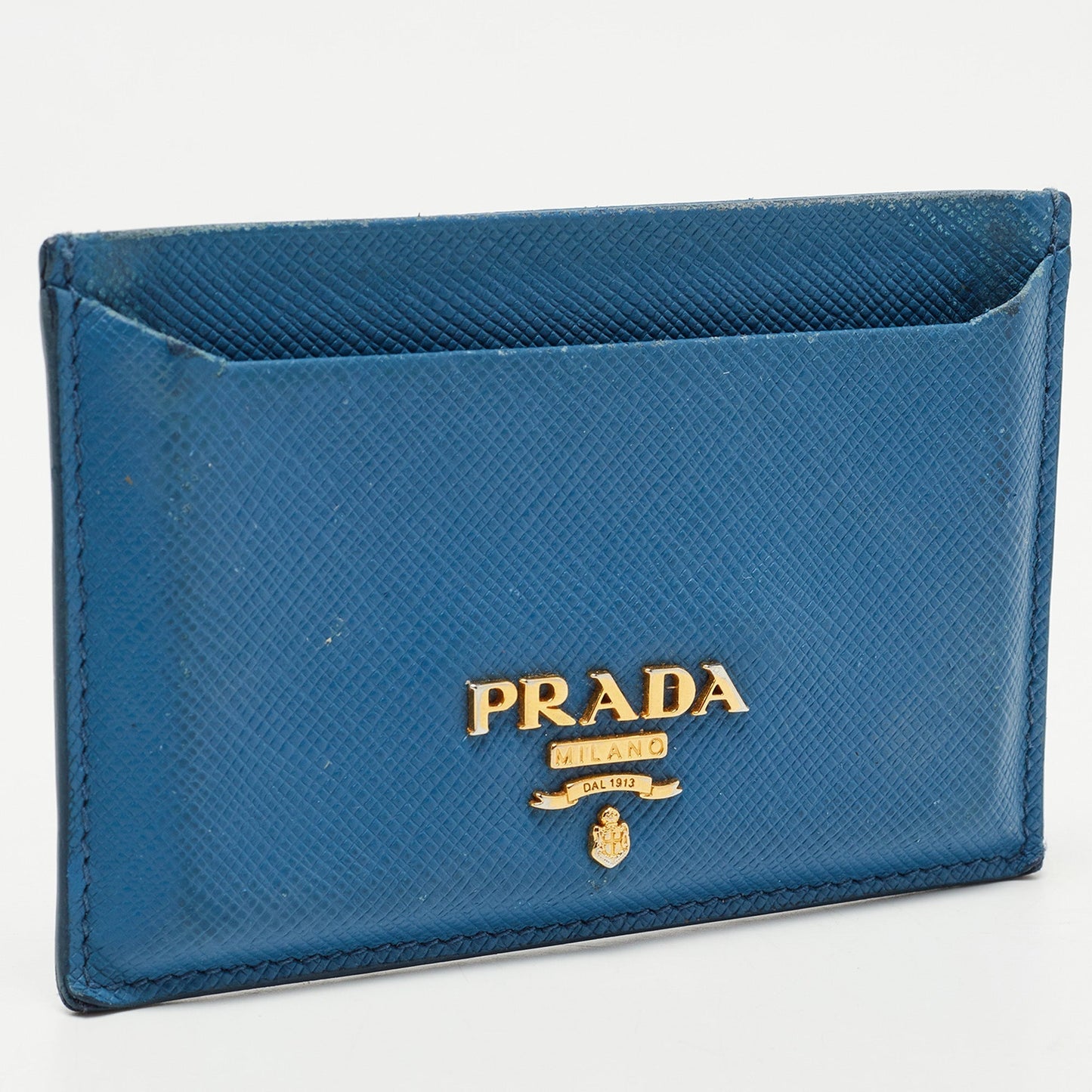 PRADA Blue Saffiano Metal Leather Logo Card Holder