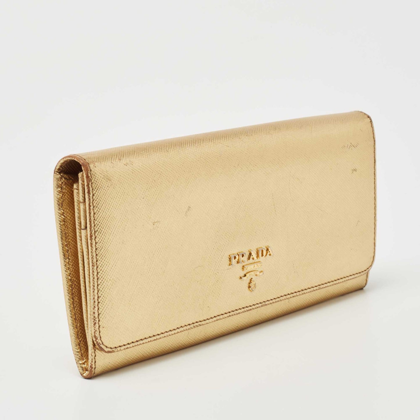 PRADA Gold Saffiano Lux Leather Logo Flap Continental Wallet