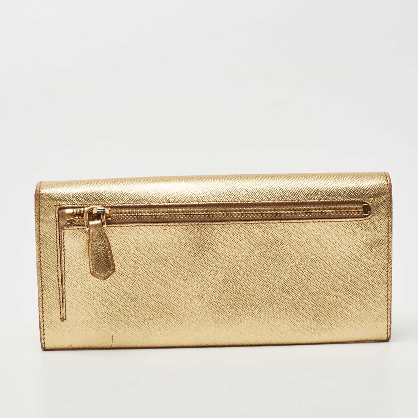 PRADA Gold Saffiano Lux Leather Logo Flap Continental Wallet