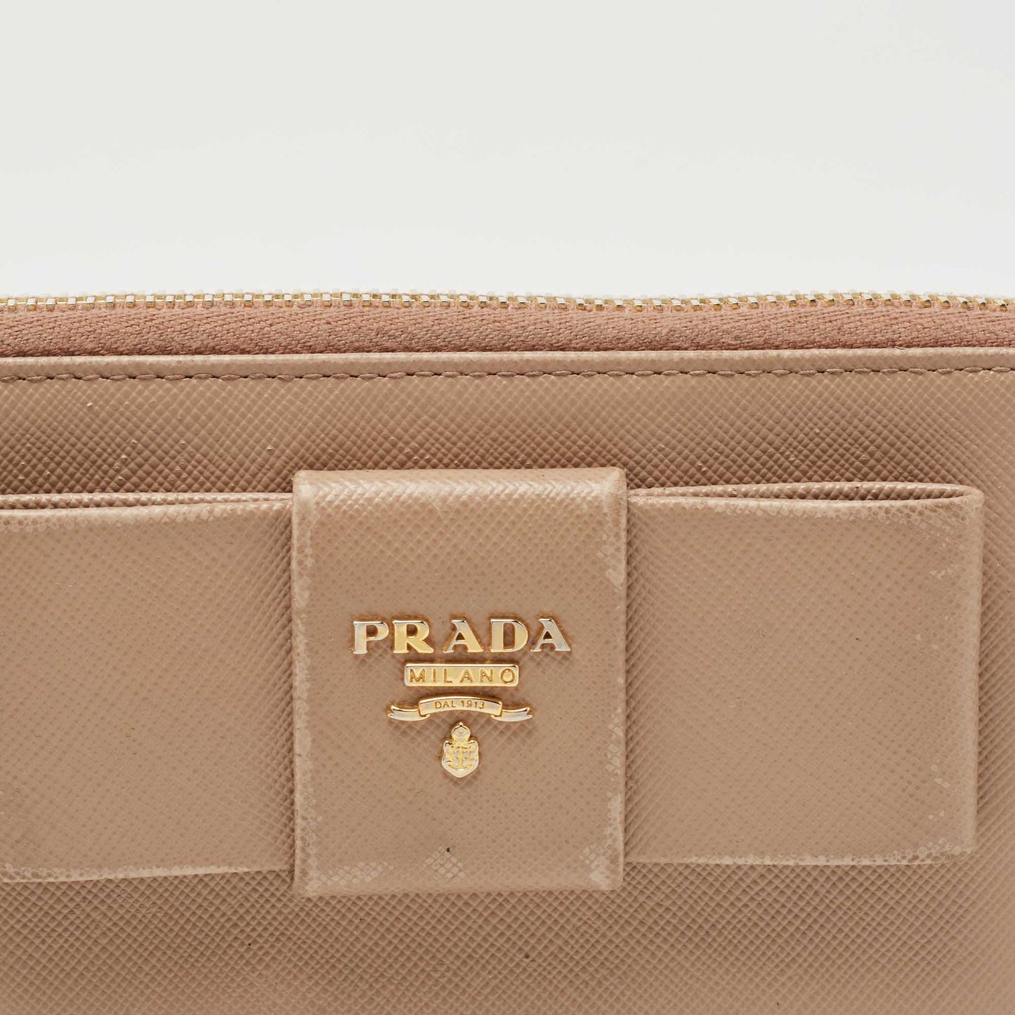 PRADA Beige Saffiano Leather Bow Zip Around Wallet