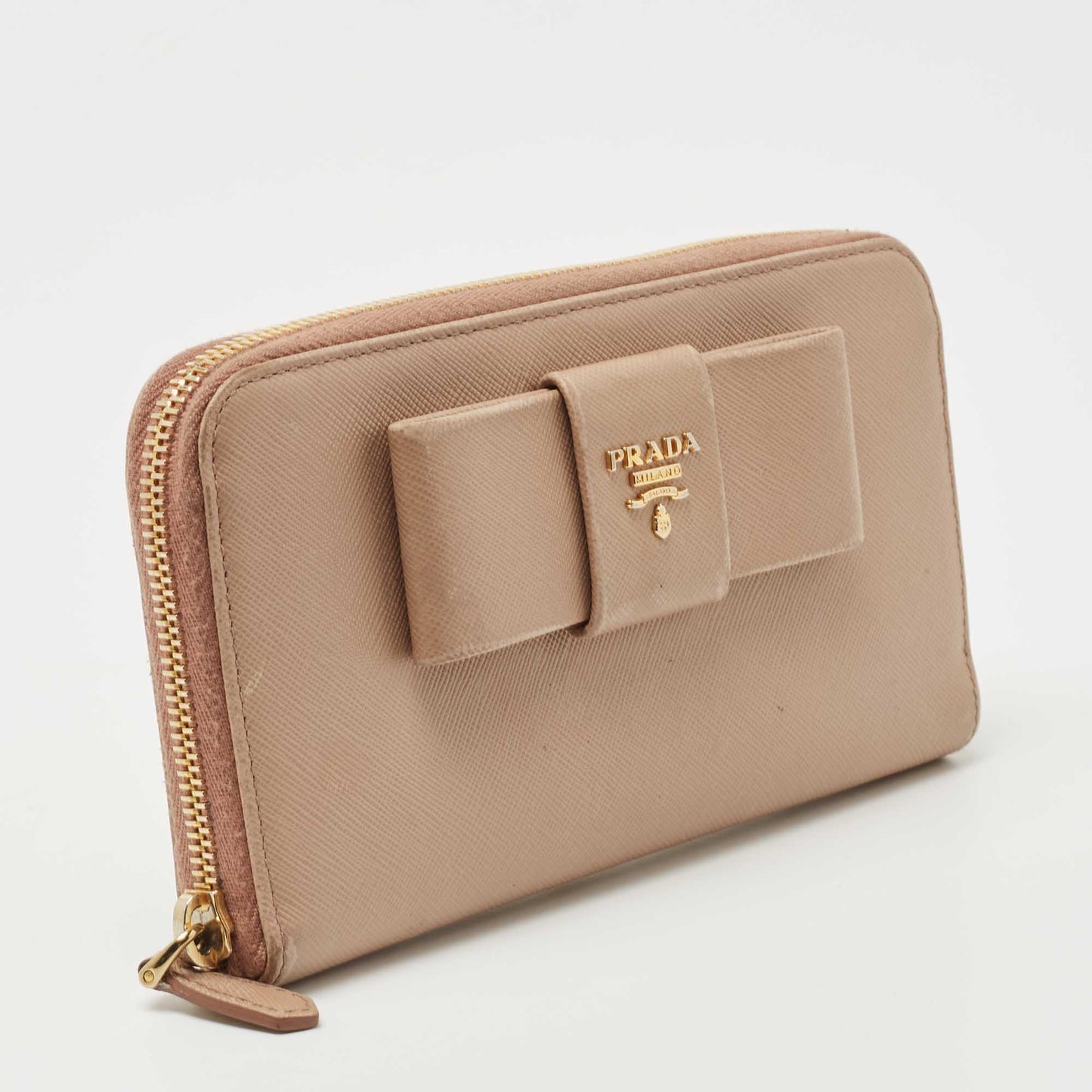 PRADA Beige Saffiano Leather Bow Zip Around Wallet